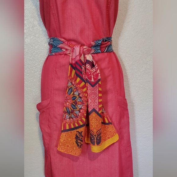 Fossil Pink Boho Cotton A-Line Sleeveless Belted Tied Waist Midi Dress Size 12 - Picture 11 of 16